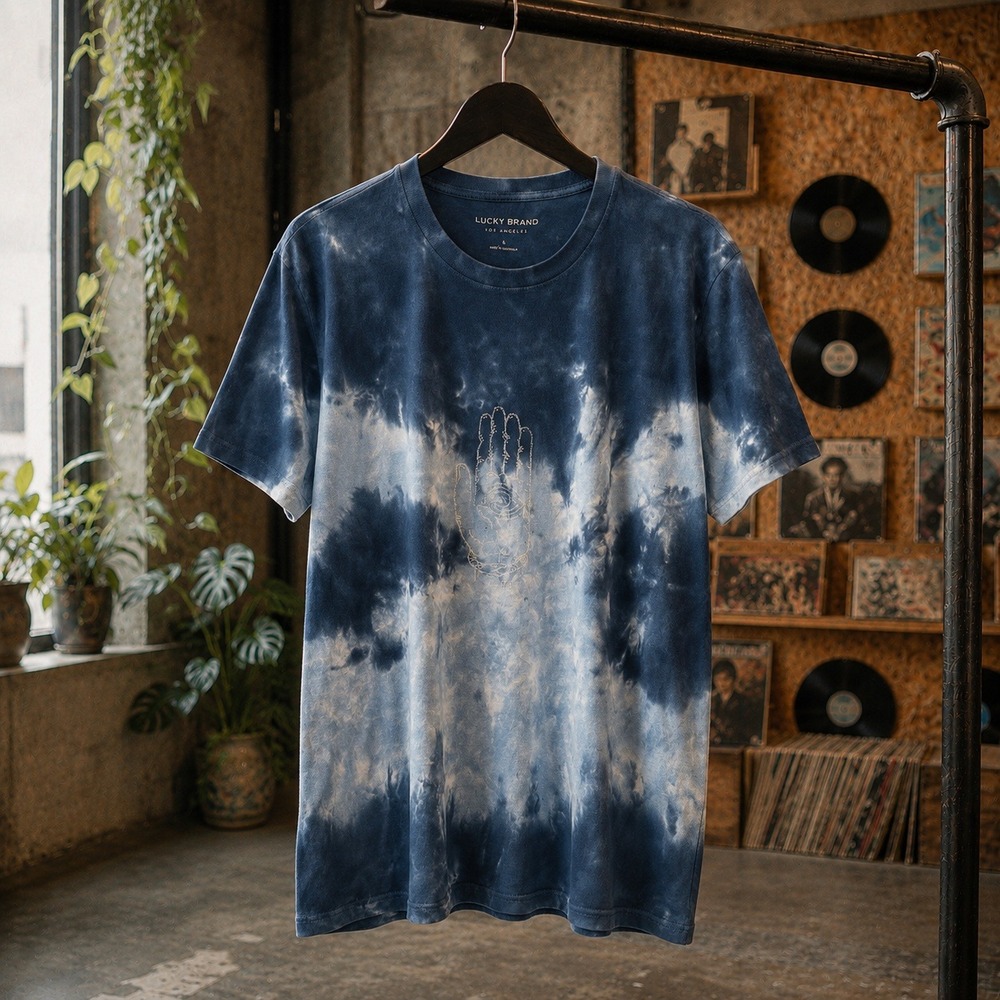 Lucky Brand Mens Blue Tie Dye Hamsa‎ Hand Graphic T-Shirt Large